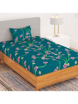 Story@Home - Bedspun Polyester Teal Floral Single Bedsheet with 1 Pillow Covers