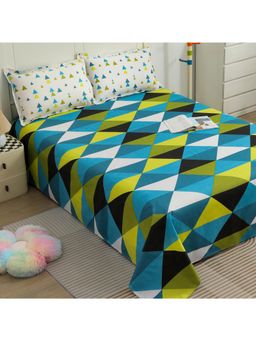 Story@Home - 144 Tc Green & Blue Triangles Double Bedsheet with 2 Pillow Cover