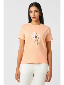 Van Heusen - Women Peach Print Casual Round Neck T-Shirt