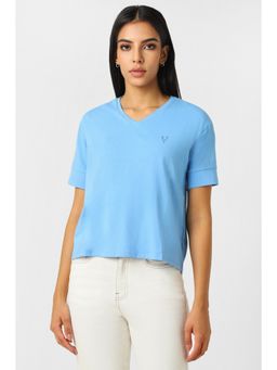 Van Heusen - Women Blue Solid Casual V Neck T-Shirt