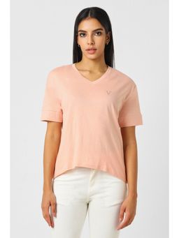 Van Heusen - Women Peach Solid Casual V Neck T-Shirt