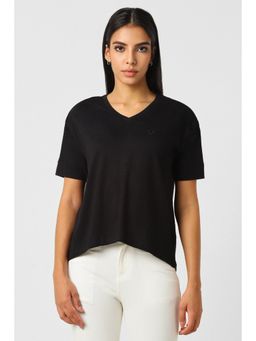 Van Heusen - Women Black Solid Casual V Neck T-Shirt