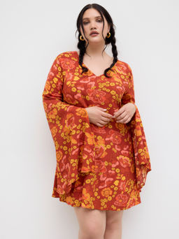 Cider - V-neck Blossom Floral Bell Sleeve Mini Dress Curve & Plus