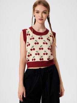 Cider - Round Neckline Cherry Knitted Crop Vest