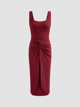 Cider - Square Neck Solid Twist Knotted Dress