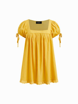 Cider - 100% Recycled Cotton Square Neck Solid Ruffle Knotted Short Sleeve Blouse