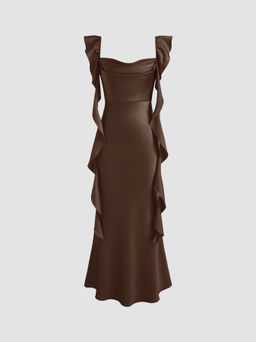Cider - Satin Cowl Neck Solid Ruffle Hem Dress