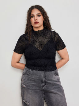 Cider - Mesh High Neck Spider Web Lettuce Trim Short Sleeve Top With Solid Cami Top Curve & Plus