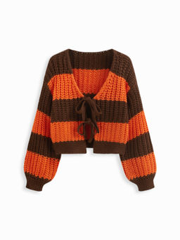 Cider - Knit V-neck Striped Tie Front Cardigan