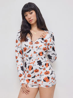 Cider - V-neck Pumpkin Bat Graphic Lounge Romper