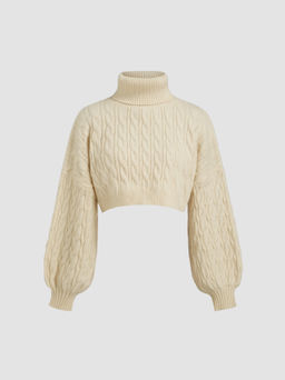 Cider - Cable Knit Turtleneck Solid Long Sleeve Crop Top