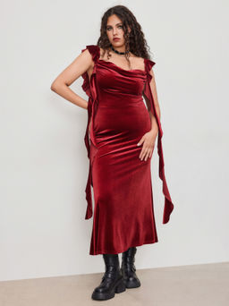 Cider - Velvet Cowl Neck Solid Ruffle Hem Midi Dress Curve & Plus