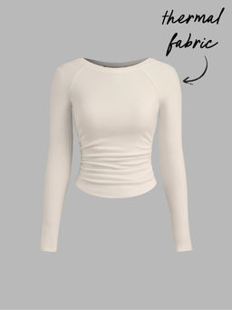 Cider - Thermal Cotton-blend Boat Neck Solid Ruched Long Sleeve Top