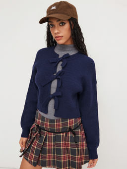 Cider - Knit Round Neck Solid Tie Front Bowknot Cardigan