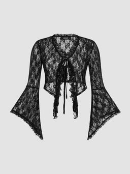 Cider - Lace V-neck See-through Long Sleeve Crop Top Curve & Plus