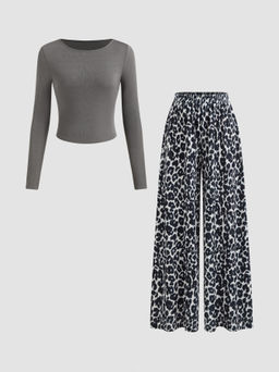 Cider - Round Neckline Long Sleeve Top & Mid Rise Leopard Elastic Waist Wide Leg Trousers