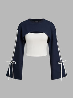 Cider - Side Striped Bowknot Sweatshirt & Solid Cropped Cami Top