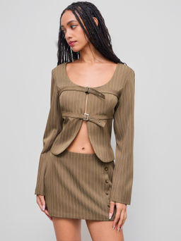 Cider - U-neckline Striped Belted Split Top
