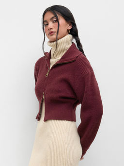 Cider - Knit Zip Through Cropped Long Sleeve Top