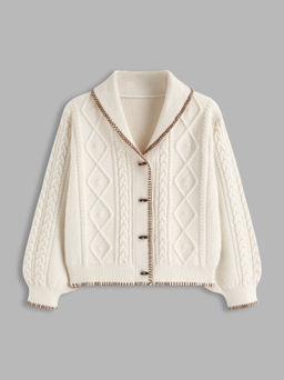 Cider - Cable Knit Collar Contrasting Binding Toggle Cardigan Curve & Plus