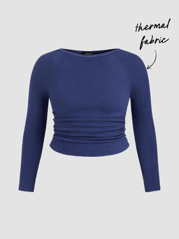 Cider - Thermal Cotton-blend Boat Neck Ruched Long Sleeve Top Curve & Plus