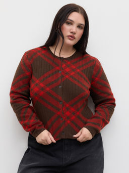 Cider - Knit Round Neckline Tartan Cardigan Curve & Plus