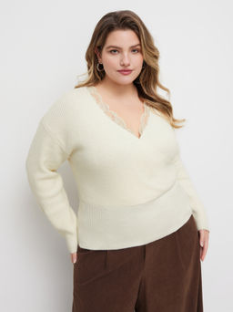 Cider - Knit V-neck Lace Trim Wrap Oversized Top Curve & Plus