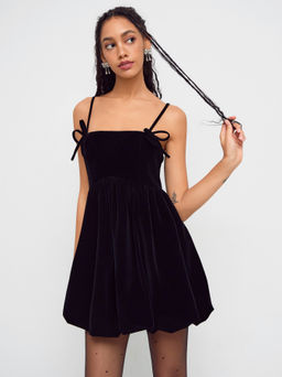 Cider - Velvet Bowknot Bubble Hem Mini Dress