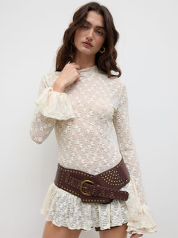 Cider - Lace High Neck See-through Floral Ruffle Hem Longline Top