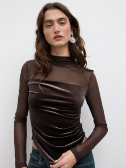 Cider - Velvet High Neck Patched Asymmetrical Ruched Top