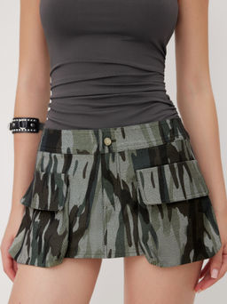 Cider - Cotton-blend Low Rise Camo Micro Mini Skort