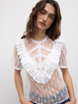 Cider - High Neck Lace See-through Short Sleeve Blouse