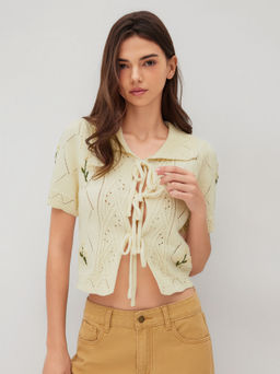 Cider - Knit Collar Floral Tie Front Bow Top