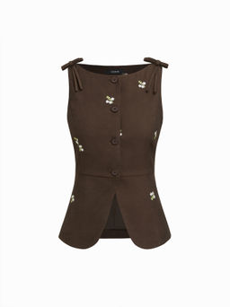 Cider - Floral Embroidery Bowknot Blazer Vest