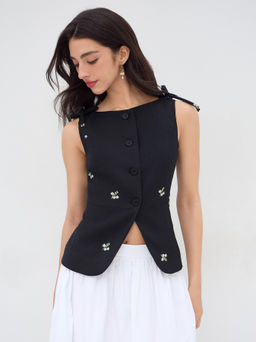 Cider - Floral Embroidery Bowknot Blazer Vest