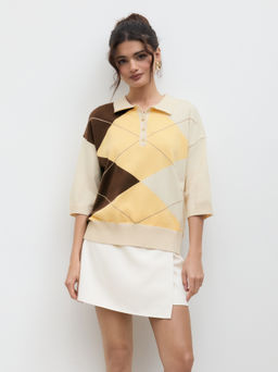 Cider - Knit Polo Argyle Colorblock Oversized Mid-length Sleeve Top