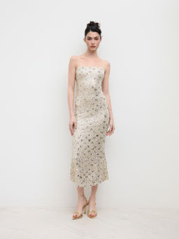 Cider - Sequins Square Neck Floral Midi Dress