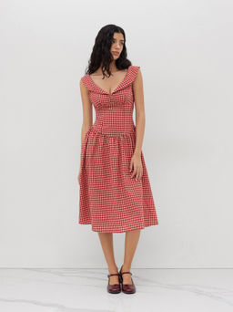Cider - Cotton-blend V-neck Gingham Knotted Dress