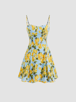 Cider - Cotton Sweetheart Neckline Lemon Lace Up Mini Dress