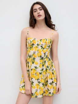 Cider - Cotton Sweetheart Neckline Lemon Lace Up Mini Dress