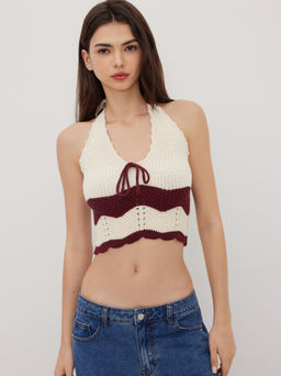 Cider - Knit Halter Neck Crochet Stripe Wave Trim Crop Top
