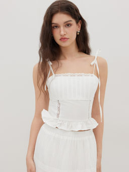 Cider - 100% Cotton Knotted Ruffle Hem Lace Trim Shirred Cami Top