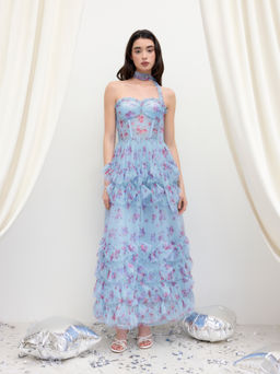 Cider - Mesh Tube Floral Ruffle Corset Dress With Scarf