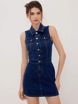 Cider - Stretch Denim Collar Button Mini Dress