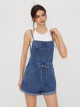 Cider - Denim Drawstring Knotted Roll Hem Romper