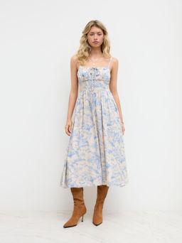 Cider - Cotton Square Neck Floral Ruched Knotted Dress