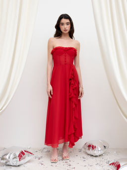 Cider - Chiffon Bandeau Corset Lace Up Ruffle Hem Split Dress