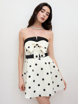 Cider - Satin Tube Polka Dot Bowknot Mini Dress