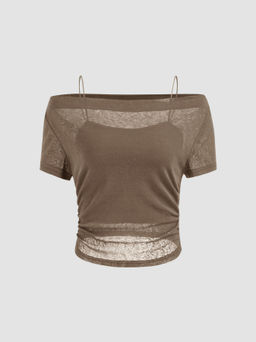 Cider - Off-shoulder Ruched Short Sleeve Tee & Cami Top