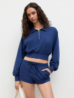 Cider - Cotton-blend Collar Half Zip Crop Top & Low Rise Drawstring Micro Shorts